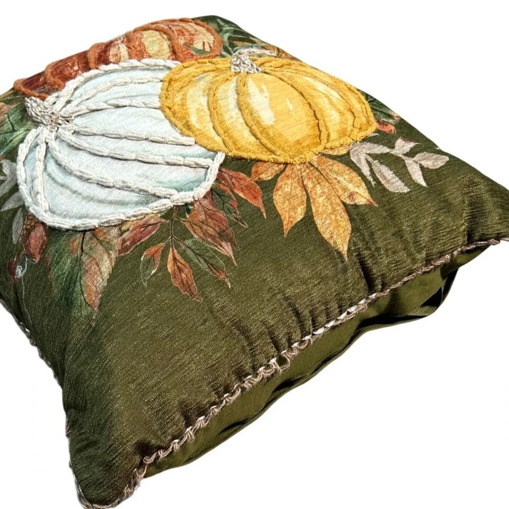 Farmhouse Rachel Ashwell Embroidered Pumpkin Fall Throw Pillow Shabby Chic 16